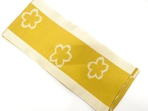 縞に花模様織り出し　半幅帯